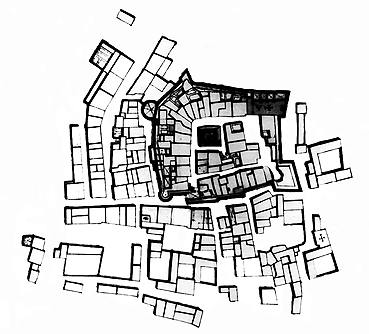 Recinto medieval amurallado y 115 casas que conformaban los arrabales de la villa de Calpe, hacia 1744. (AGS)