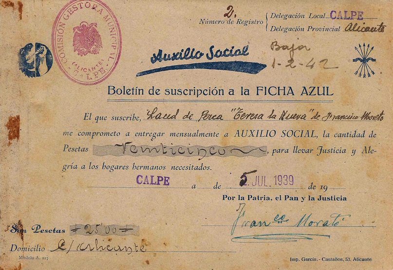 Boletín de suscripción, Ficha Azul de Auxilio Social- Laúd de pesca "Teresa la Nueva" de Francisco Morató.